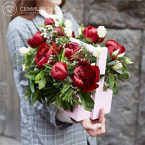 Деревянный ящик с 11 бордовыми пионами Premium и лизиантусами