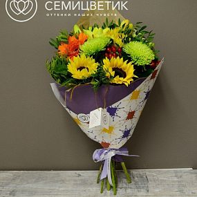 Букет из лилии, гербер и хризантемы в упаковке