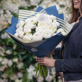 Букет из 25 белых пионов Standart в голубой пленке