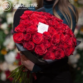 Букет из 51 красной розы Freedom 60 см (Эквадор) в бордовой пленке
