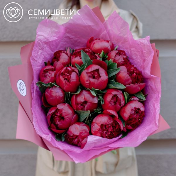 Букет из 15 бордовых пионов Premium