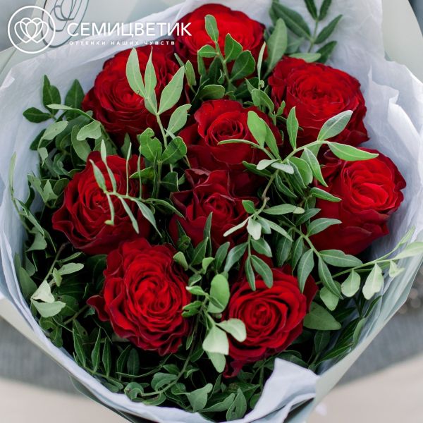 Букет из 9 красных пионовидных роз Hearts 40 см с фисташкой