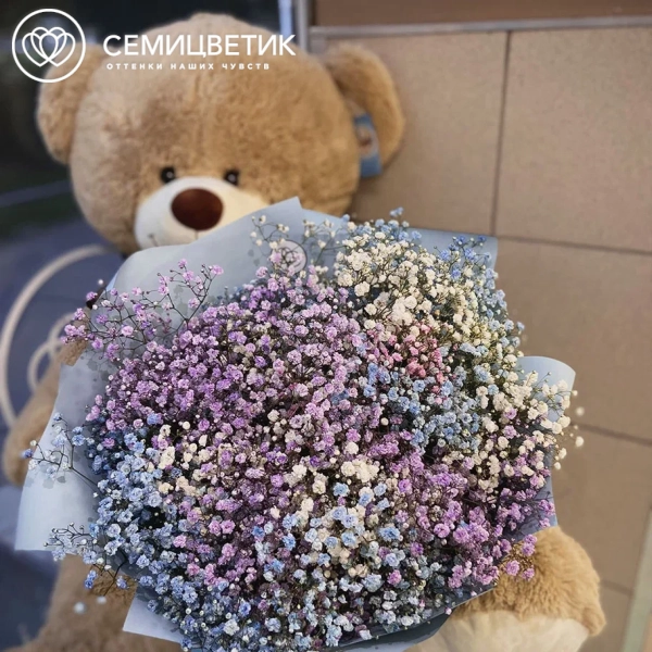 Букет из 15 гипсофил микс в голубой пленке