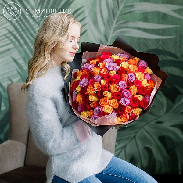 101 роза микс в ярких тонах (Кения) 40 см Premium