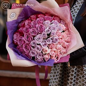 Розово-фиолетовый букет-градиент из 51 розы (Эквадор) 50 см