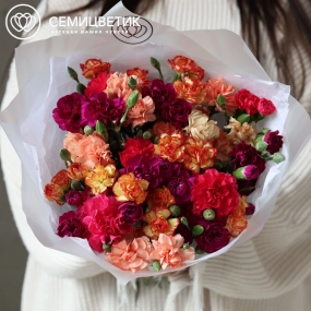 Букет из 25 кустовых гвоздик микс в прозрачной упаковке