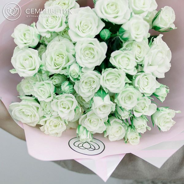 Букет из 15 белых кустовых роз Snowflake 40 см (Кения) в дизайнерской пленке