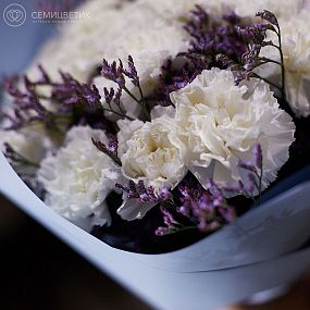 Букет из 35 белых гвоздик с зеленью