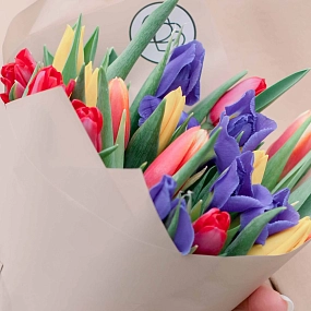 Букет из 10 синих ирисов и 15 тюльпанов 40 см в кремовой пленке