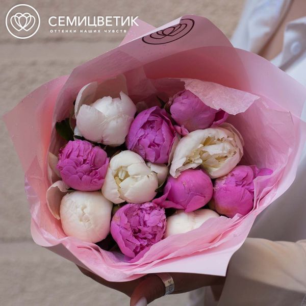 Букет из 11 ярко-розовых и белых пионов Standart Plus в розовой пленке