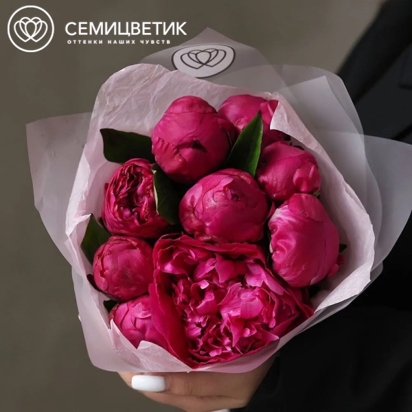 Букет из 9 ярко-розовых пионов Red Sarah Bernhardt Premium в прозрачной упаковке