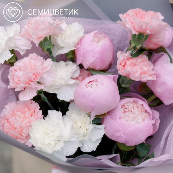 Букет из 11 белых и розовых гвоздик и 5 розовых пионов Standart Plus в сиреневой пленке
