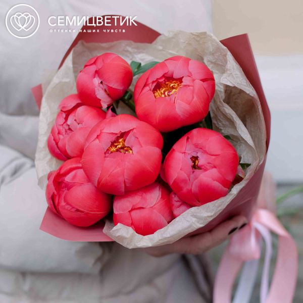 Букет из 7 коралловых пионов Coral Sunset Premium