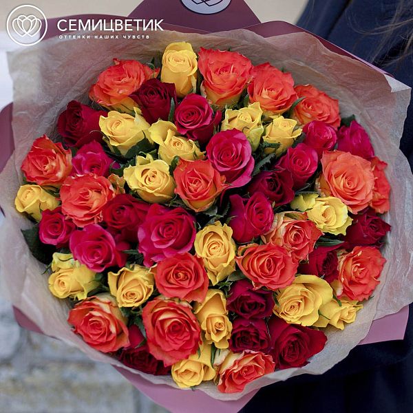 51 роза микс в ярких тонах (Кения) 40 см Premium