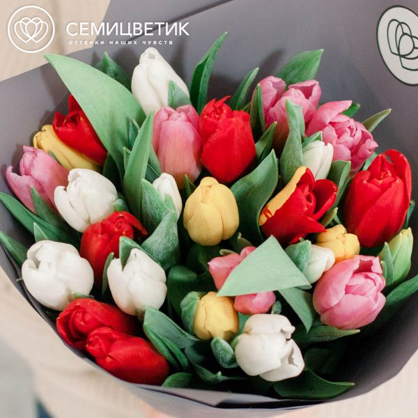 Букет из 25 тюльпанов микс в сиреневой пленке