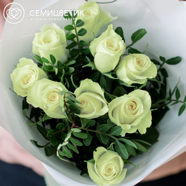 Букет из 9 белых роз 35-40 см (Кения) с фисташкой в белой пленке
