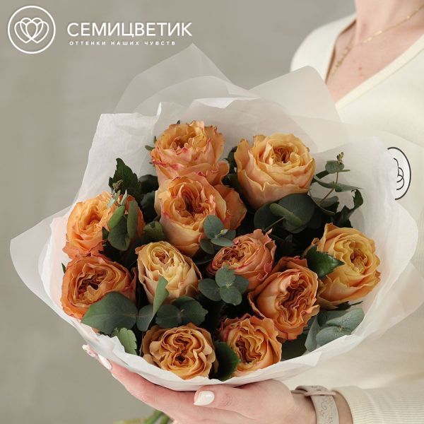 Букет из 11 пионовидных роз Crown Princess (Эквадор) 60 см с эвкалиптом в прозрачной пленке