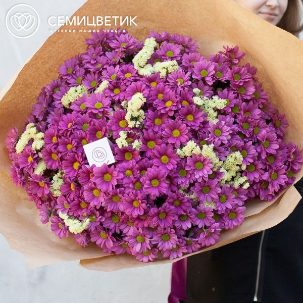 Букет из 25 кустовых хризантем со статицей