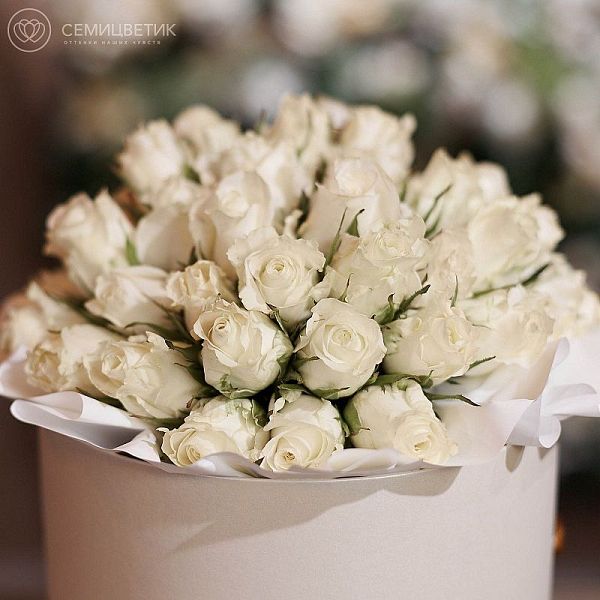 Букет в белой шляпной коробке Amour из 45 белых роз (Кения) Premium