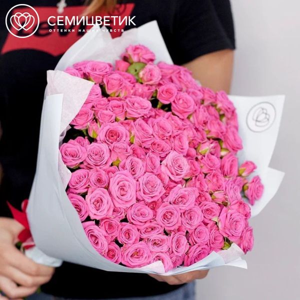 Букет из 51 малиновой кустовой розы 40 см (Кения) в белой пленке