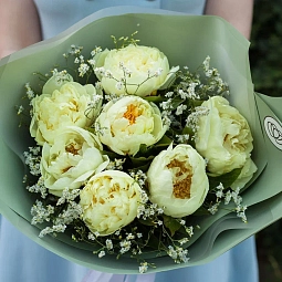 Букет из 7 лимонных пионов Lemon Chiffon Premium с лимониумом