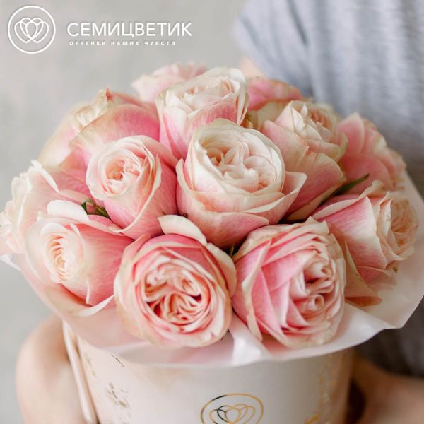Букет в бежевой шляпной коробке Amour Mini из 17 нежно-розовых пионовидных роз Swan Grace