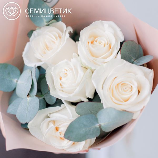 Букет из 5 белых роз Vendela 50 см (Эквадор) с эвкалиптом в кремовой пленке