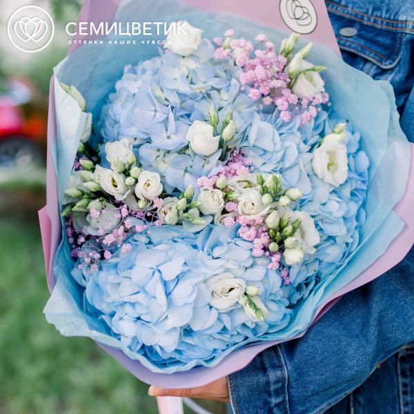 Букет из 3 голубых гортензий, 4 белых лизиантусов и гипсофилы в розовой пленке