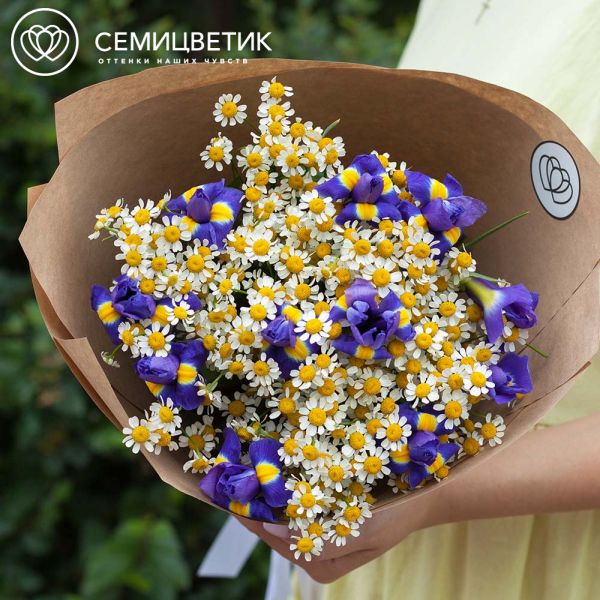 Букет из матрикарии и ирисов