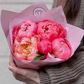 Букет из 5 коралловых пионов Coral Sunset Premium