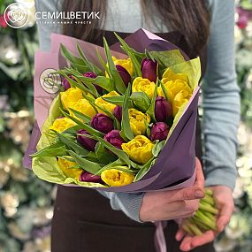 Букет из 25 пионовидных желтых и фиолетовых тюльпанов