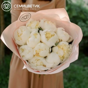 Букет из 11 белых пионов Premium в розовой пленке