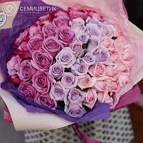 Розово-фиолетовый букет-градиент из 51 розы (Эквадор) 50 см