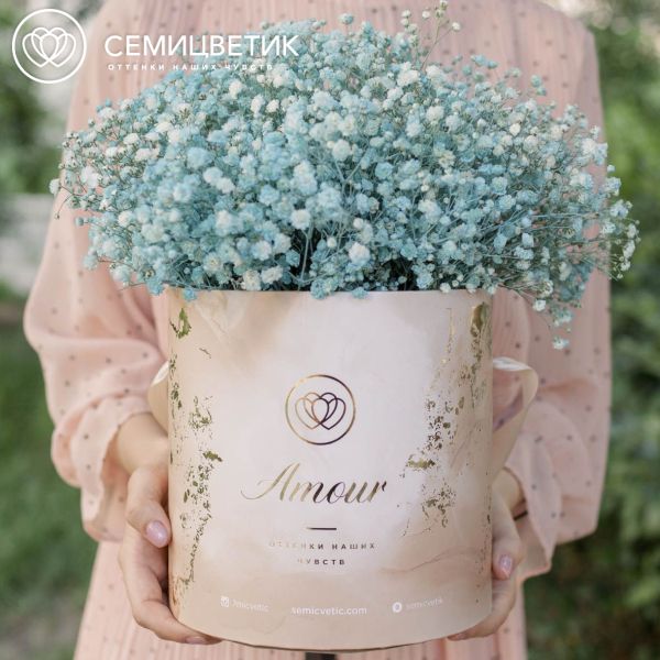 Букет в бежевой шляпной коробке Amour Mini из 9 голубых гипсофил