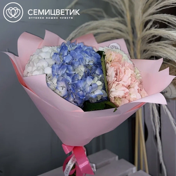 Букет из 5 гортензий нежный микс в розовой пленке