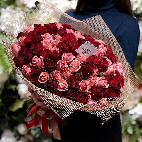 101 красная и розовая роза (Кения) 40 см Premium
