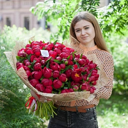 Букет из 101 бордового пиона Premium в упаковке