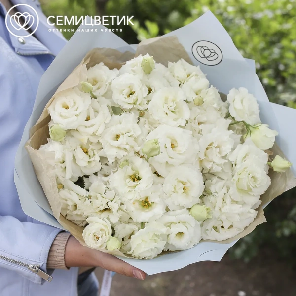 Букет из 25 белых махровых лизиантусов в голубой пленке