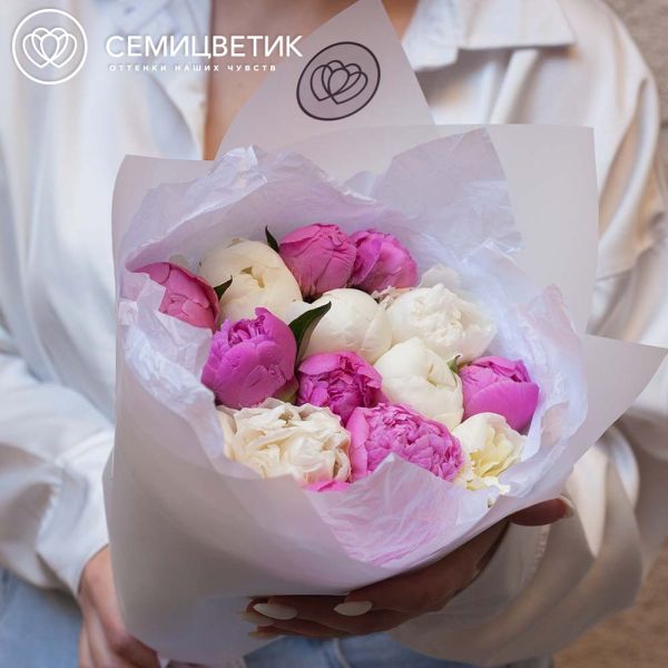 Букет из 15 ярко-розовых и белых пионов Standart Plus в прозрачной пленке