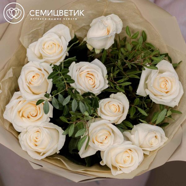 Букет из 11 белых роз Vendela 50 см (Эквадор) с фисташкой