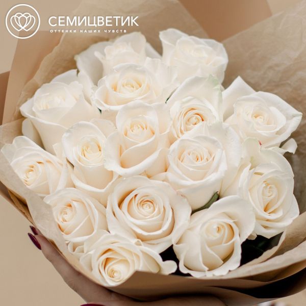 Букет из 15 белых роз Vendela 50 см (Эквадор) в кремовой пленке