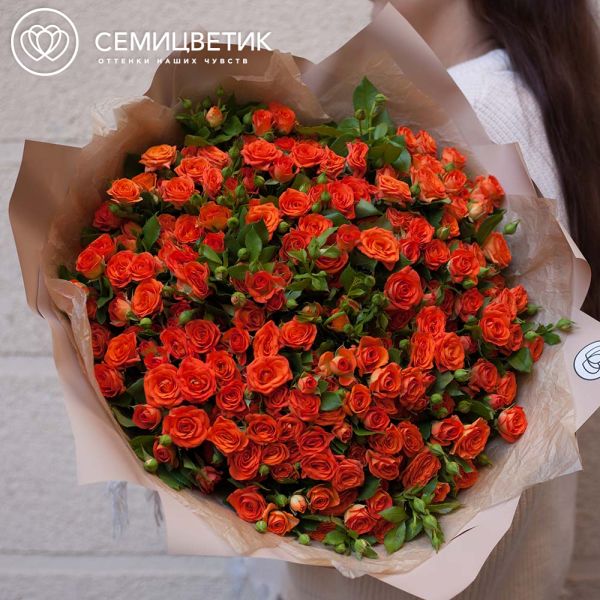 Букет из 51 оранжевой кустовой розы 40 см (Кения) в кремовой пленке