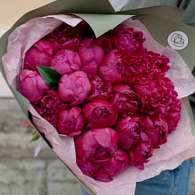 Букет из 25 ярко-розовых пионов Standart Plus в зеленой пленке