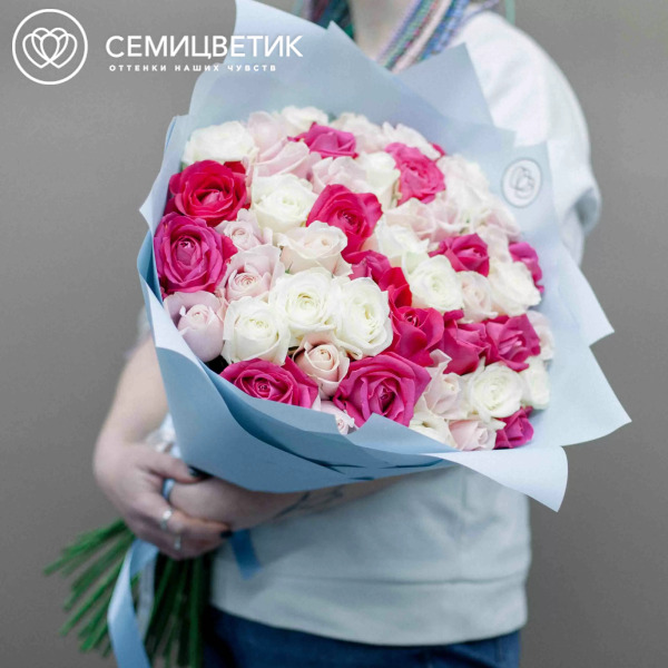 Букет из 51 белой, малиновой и нежно-розовой розы 70 см (Россия) в голубой пленке