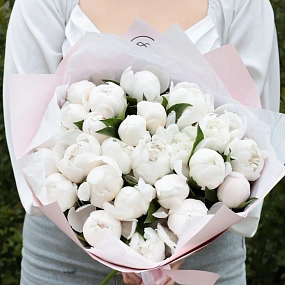 Букет из 25 нежно-розовых пионов Standart в голубой пленке