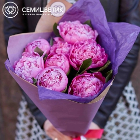 Букет из 7 ярко-розовых пионов Flemming Premium в упаковке