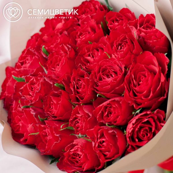 Букет из 25 красных роз 40 см (Кения) в кремовой пленке