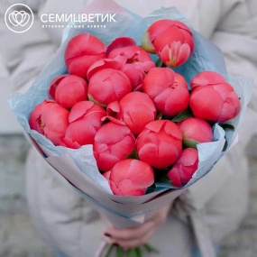 Букет из 15 коралловых пионов Coral Sunset Premium в розовой пленке