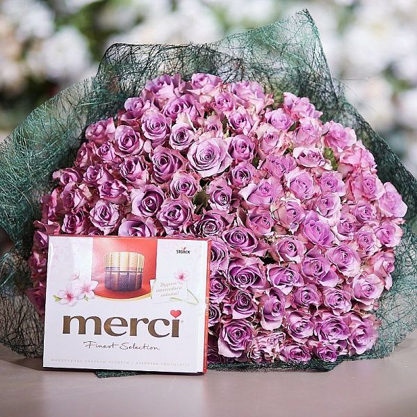 101 сиреневая роза (Кения) 40 см Premium