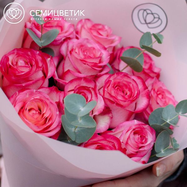 Букет из 11 кремовых с розовой каймой роз Caroussel 50 см (Эквадор) с эвкалиптом